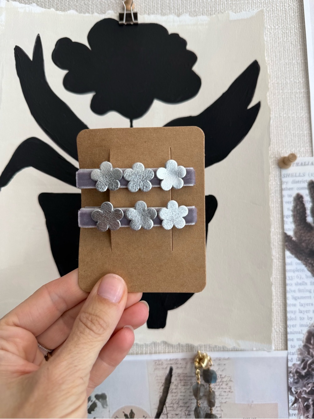 Velvet and leather flower hair clips set set of 2